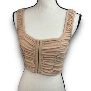 Womens Corset Look Ribbed Ruched Cropped Tank Top Stretch Tan Beige Size Small